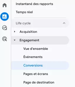 chemin acces rapport de conversions ga4