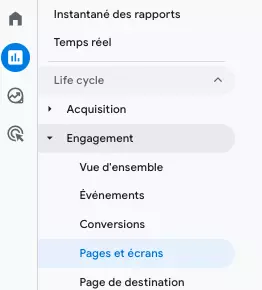 chemin acces rapport pages et ecrans ga4