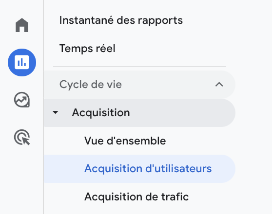 chemin pour acceder au rapport sur l acquisition d utilisateurs dans ga4